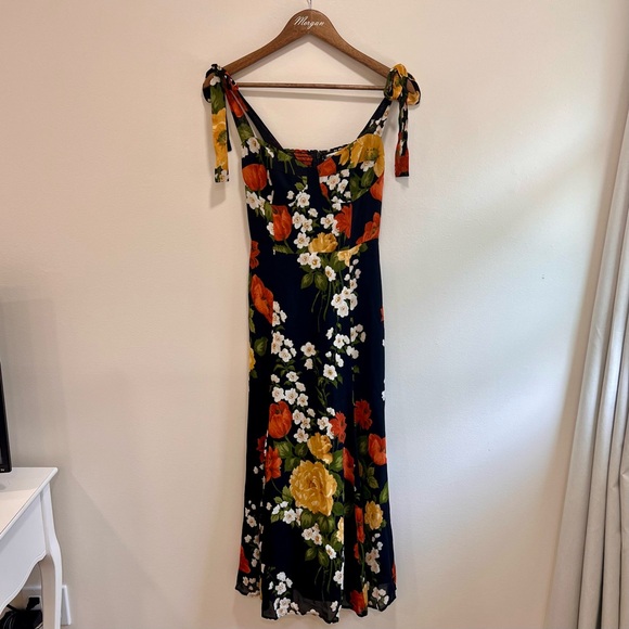 Reformation Nadira Floral Georgette Midi Dress Luisa Black Yellow Tie Straps, 4 - Picture 4 of 16